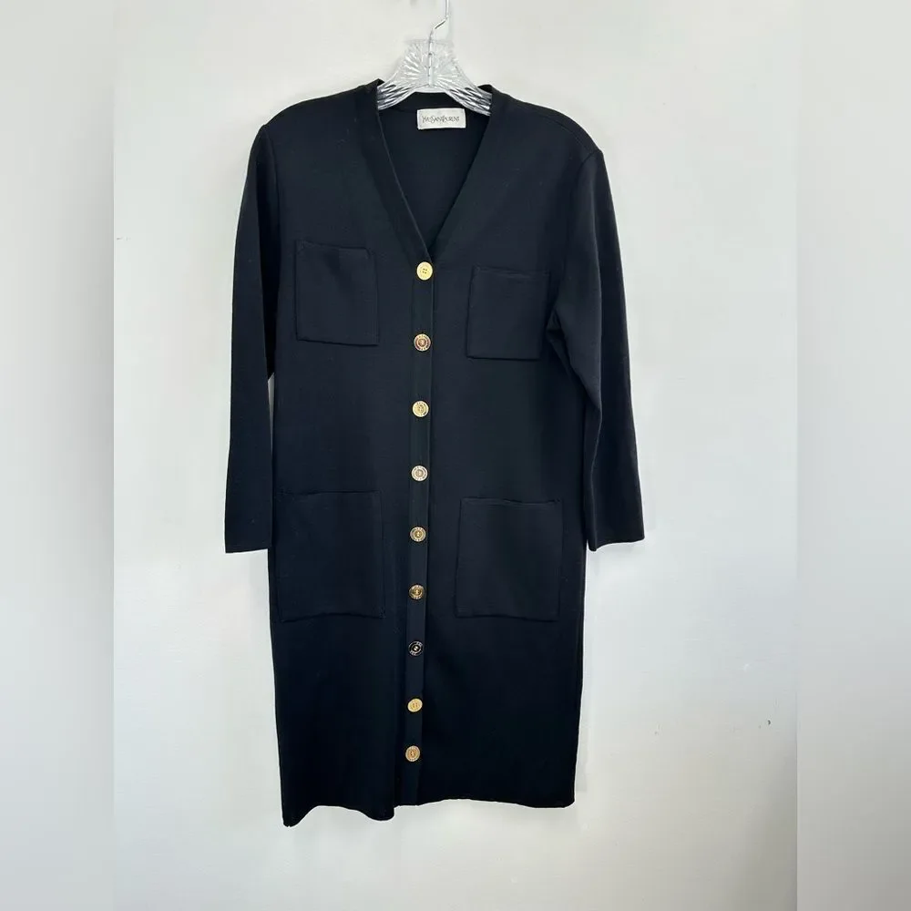 YSL Vintage Black Wool Cardigan Dress 3/4 Sleeve Large Gold Buttons Size M - Picture 7 of 14